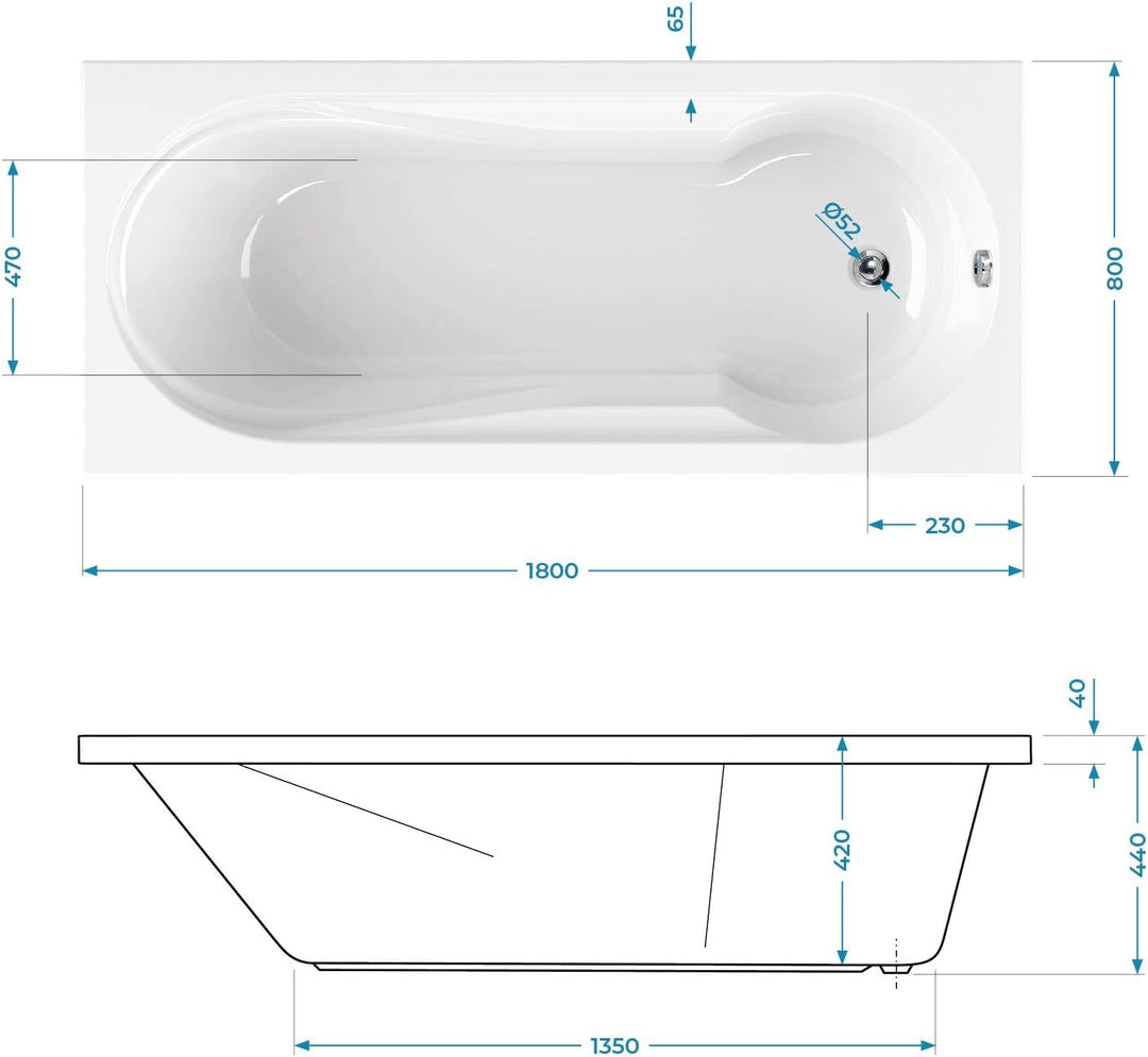 Calmwaters® Rechteck-Badewanne mit Dusche 180x80 cm, Acrylwanne Modern Small 2 mit Duschzone, Badewa