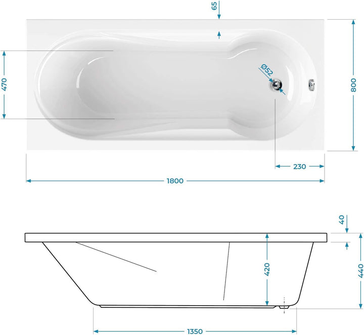 Calmwaters® Rechteck-Badewanne mit Dusche 180x80 cm, Acrylwanne Modern Small 2 mit Duschzone, Badewa
