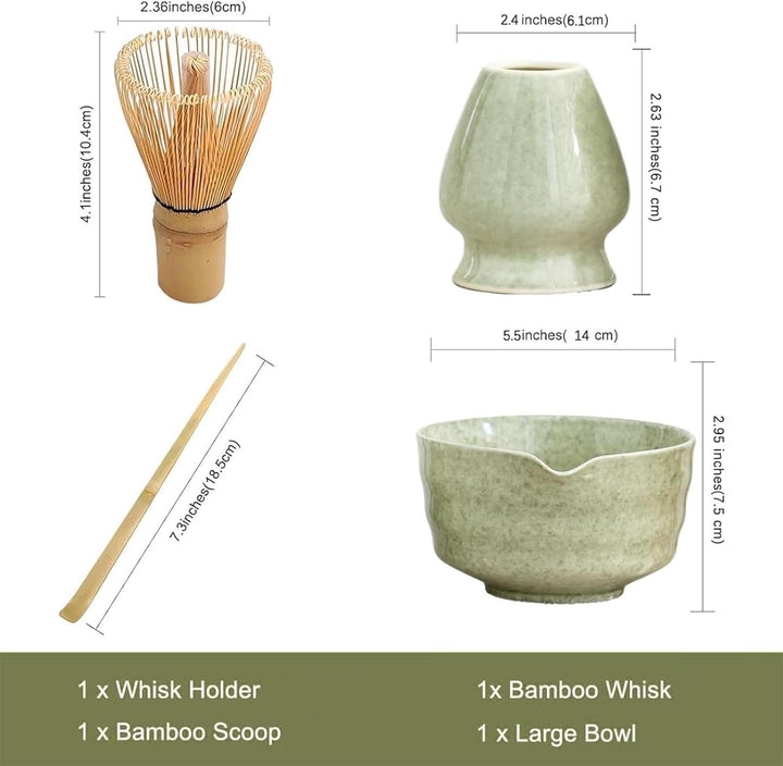 Matcha Set 4-teilig – Japanisches Matcha Tee Set mit Keramik Schale, Bambus Besen, Besenhalter & Cha