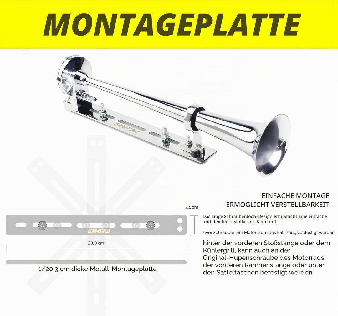 12 V 150 dB Lufthupe, 45,7 cm, Chrom, Zink, Einzeltrompete, LKW, Lufthupe, mit Halterung, für alle 1