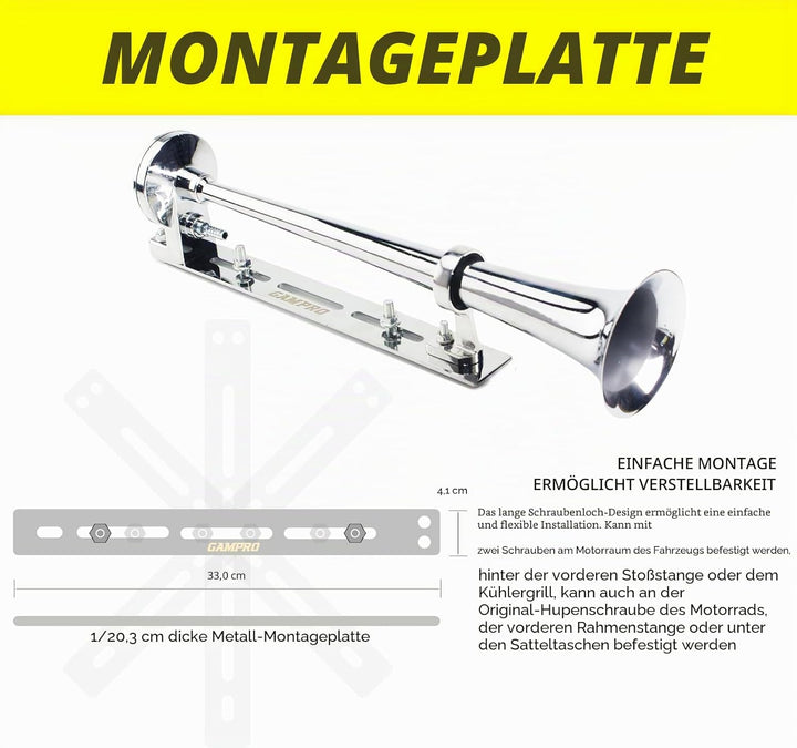 12 V 150 dB Lufthupe, 45,7 cm, Chrom, Zink, Einzeltrompete, LKW, Lufthupe, mit Halterung, für alle 1