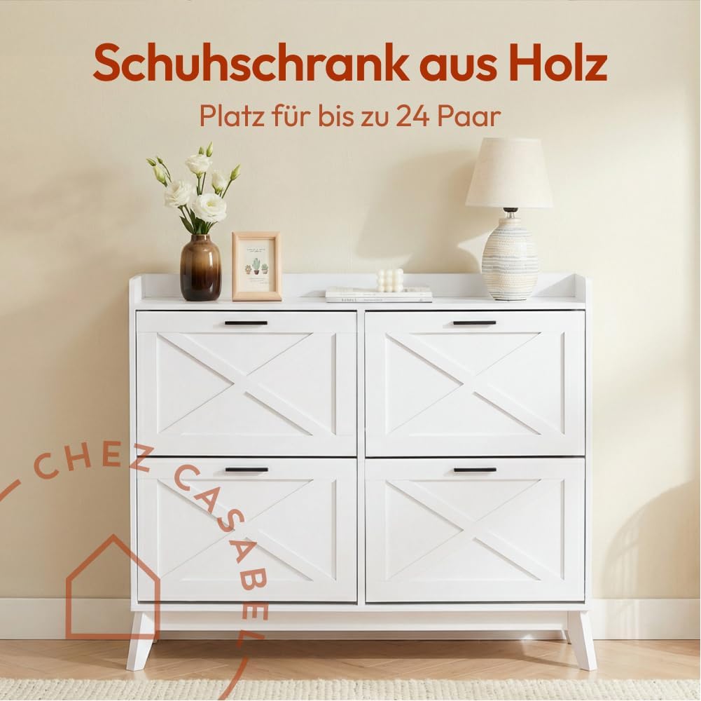 CASABEL Schuhschrank mit 4 Klappen, Fronten mit Kreuzmuster, Weiss, Funktionales Design, Grosse Kapa
