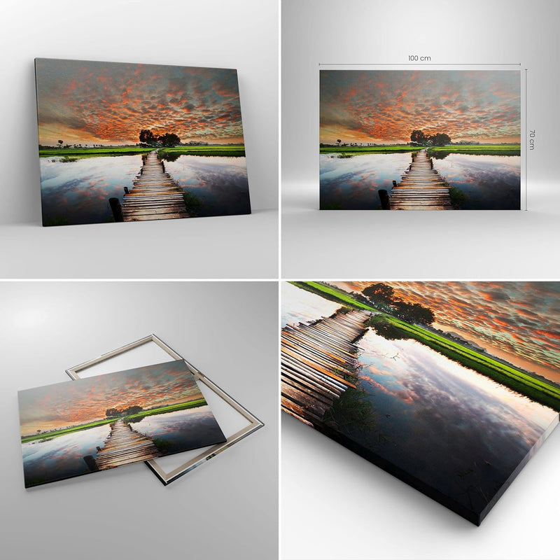 ARTTOR Bilder auf Leinwand 100x70cm Leinwandbild Asien brücke see natur Gross Wanddeko Bild Schlafzi