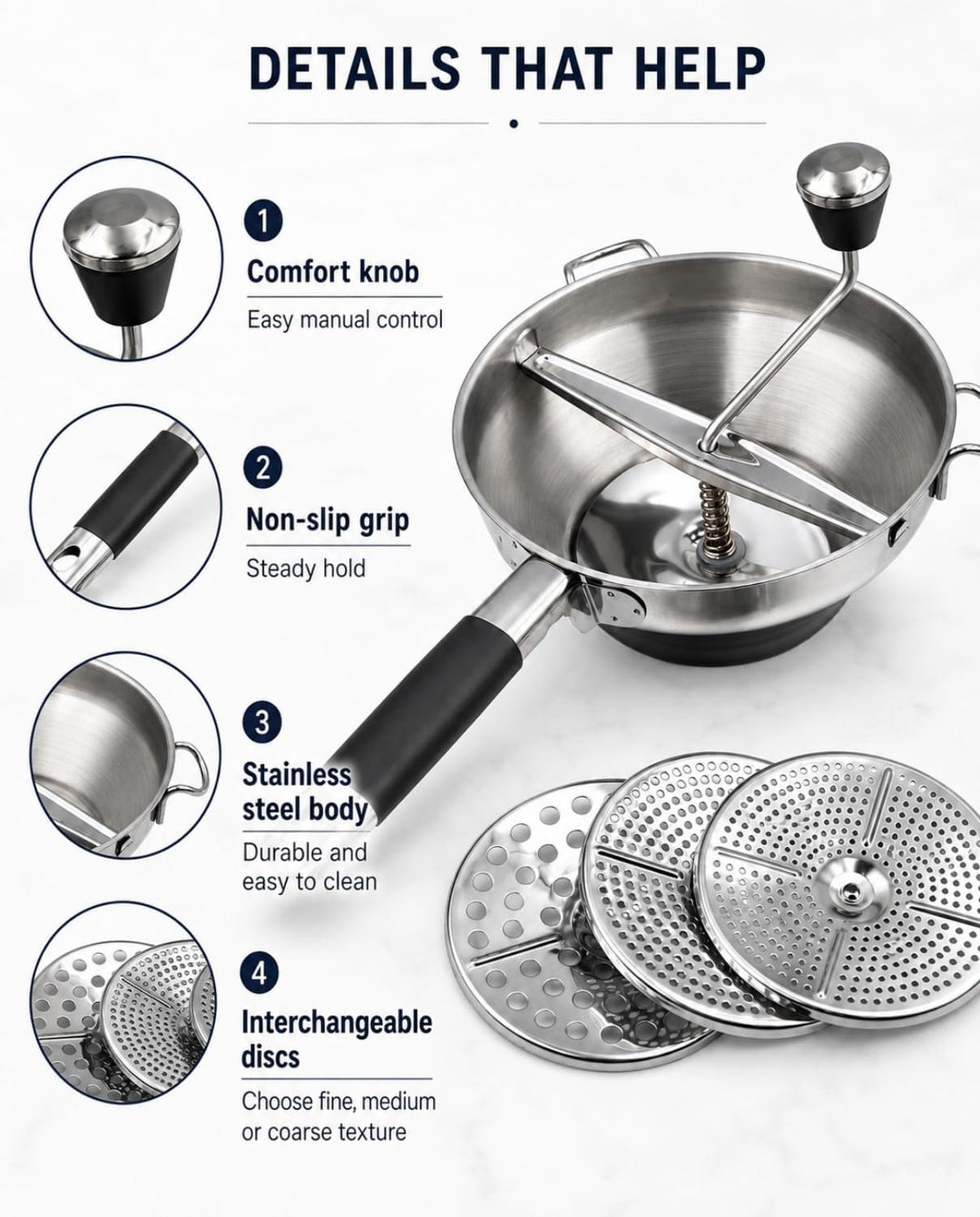 Lebensmittelmühle Hand mit 3 Sieben (2/3/7 mm) - Getriebenhammer für Kartoffeln, Muss, Marmeladen un