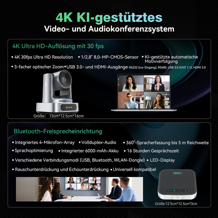 4K-Konferenzraum-Kamerasystem, KI-Autotracking 4K-PTZ-Kamera mit 3-fachem optischem Zoom, 92°-Weitwi