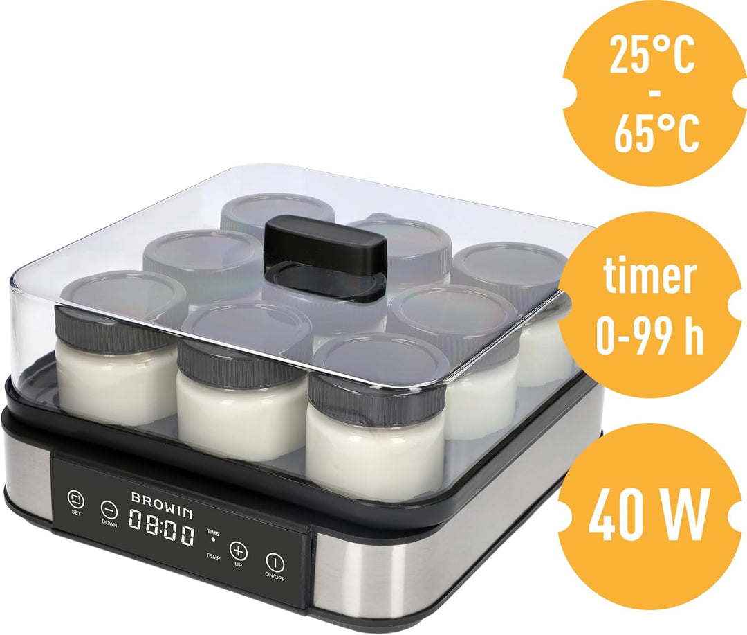 BROWIN® Joghurt-Maker mit Thermostat, Joghurtbereiter mit 1,6 l Fassungsvermögen, 9 Gläser, Weiss |