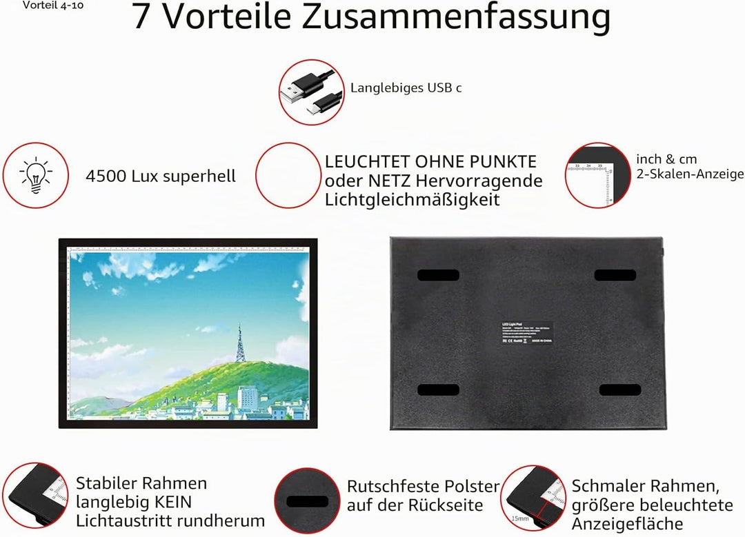 WELZK Leuchttisch A3, 42×32CM Grosse Light Pad. Seitliche Tasten, 9 Stufige Dimmung Lichtplatten für