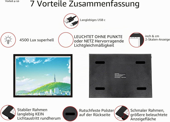 WELZK Leuchttisch A3, 42×32CM Grosse Light Pad. Seitliche Tasten, 9 Stufige Dimmung Lichtplatten für