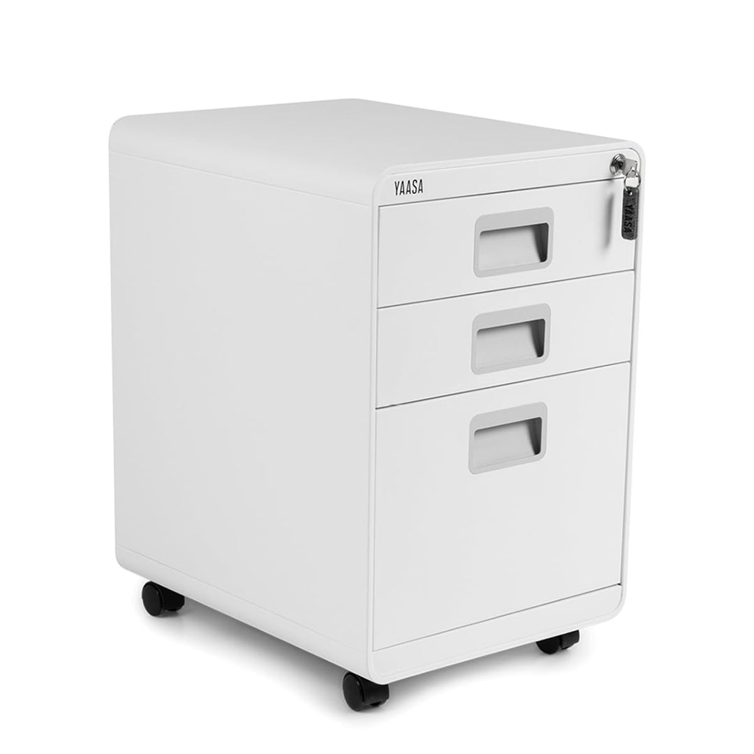Yaasa File Cabinet Curved Standard Weiss - Rollcontainer aus Stahl, Aktenschrank mit 3 verschliessba