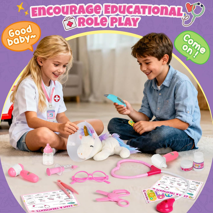 Kinder Arztkoffer, Tierarzt Spielzeug Set mit Plüsch Einhorn & Arztkittel, Rollenspiel für Kinder ab