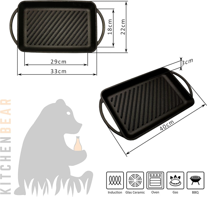 KITCHENBEAR - Grillplatte aus Gusseisen inkl. Silikonmatte - geeignet für Induktion, Gas, Ceran, Bac
