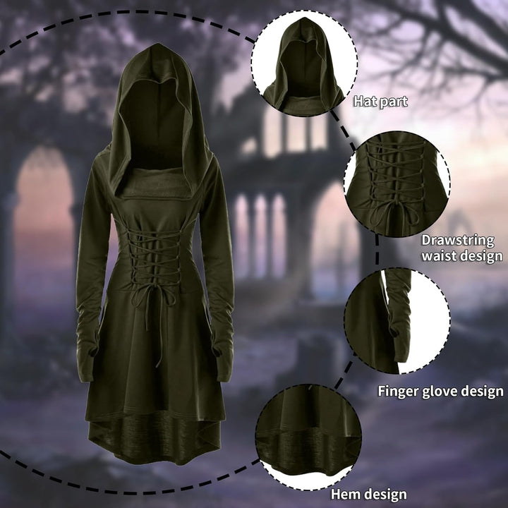 CNVAUIE Renaissance Kostüm Damen Gewand Mittelalterliches Kapuzenkleid Gothic Kleid Cosplay für Hall