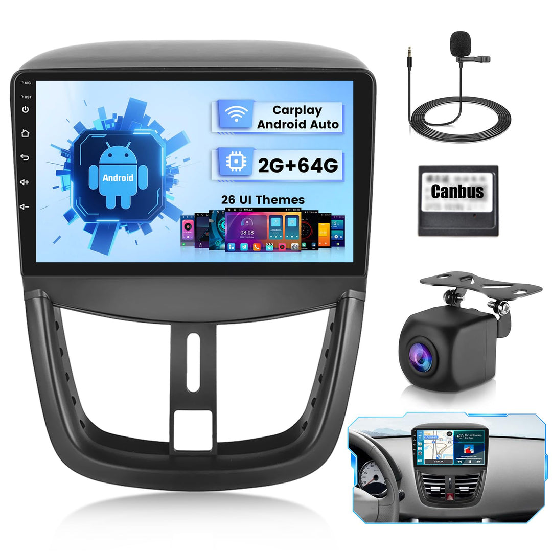Hikity 2G+64G Autoradio Android 15 für Peugeot 207 2006-2015 mit 9-Zoll-Touchscreen, 2-DIN-Stereo mi
