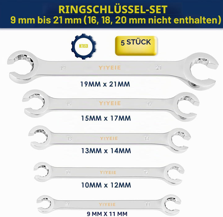 YIYEIE Bremsleitungsschlüssel Set 5-tlg I 9-21mm Offener Ringschlüsse I Chrom-Vanadium Stahl mit Las