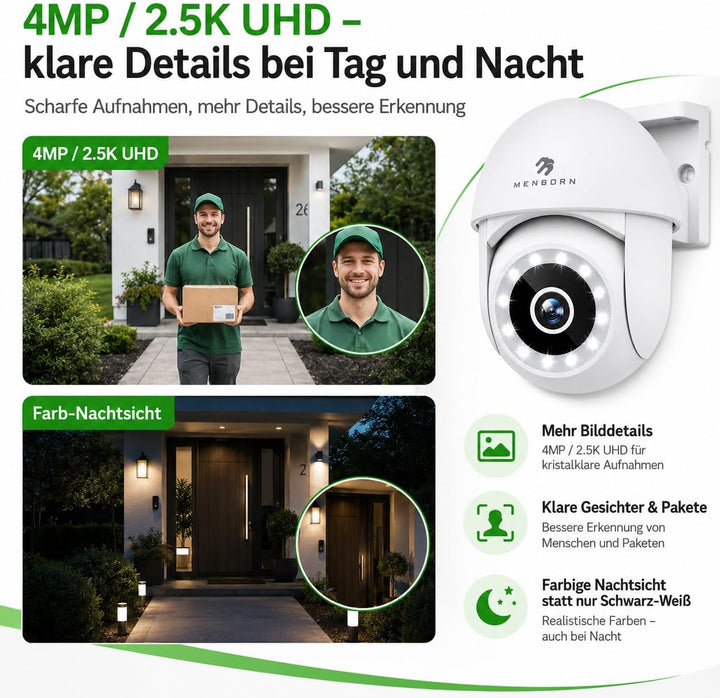 Menborn Überwachungskamera Aussen 2.5K/4MP, Aktualisierte Kamera Überwachung 360° mit Starlight Farb