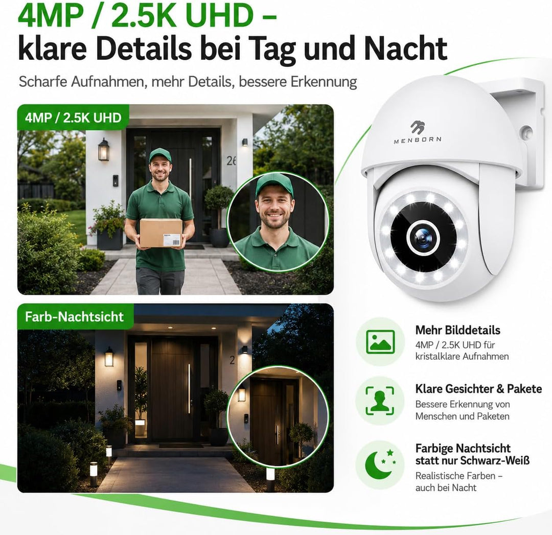 Menborn Überwachungskamera Aussen 2.5K/4MP, Aktualisierte Kamera Überwachung 360° mit Starlight Farb