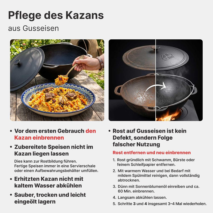 4BIG.fun Schwenktopf Kazan 15 L Camping Gusseisen mit Bügel und Deckel + Schaumkelle Bräter Tatarski