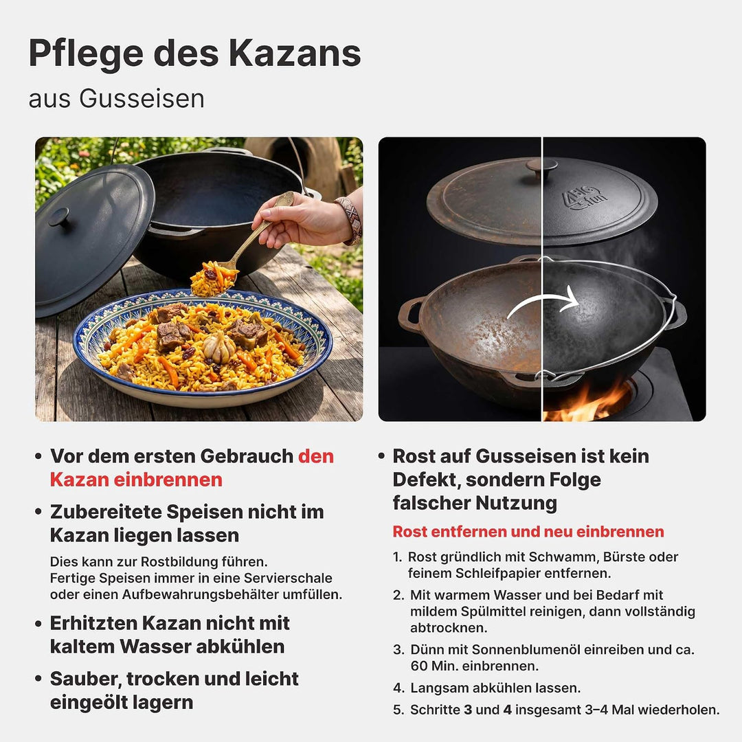 4BIG.fun Schwenktopf Kazan 12 L Camping Gusseisen mit Bügel und Deckel + Schaumkelle Bräter Tatarski