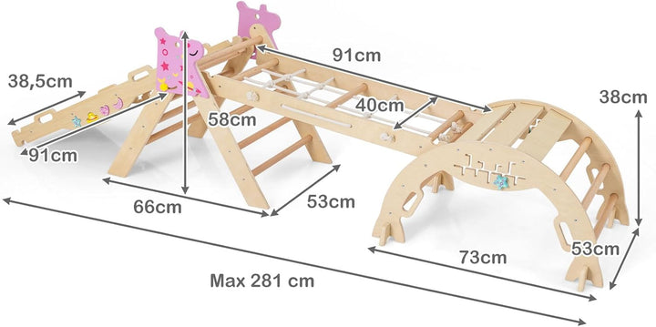 HOMASIS 4 in 1 Kletterdreieck mit Kletternetz, Kletterbogen, Wippe & Leiter, Klettergerüst mit doppe