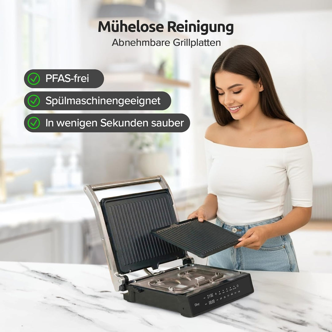 Olvy Kontaktgrill mit Touchscreen – PFAS-frei – 5 Automatische Programme – 180° Öffnung, 2000 W – Ab