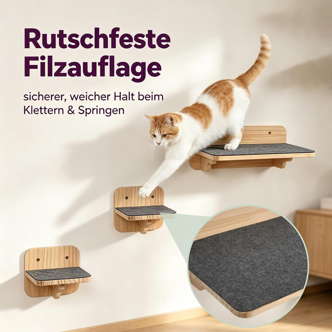 Katzentreppe Wand Holz 4er-Set Kletterwand frei Kombinierbar | Katzen Wandelemente inkl. 1 Plattform