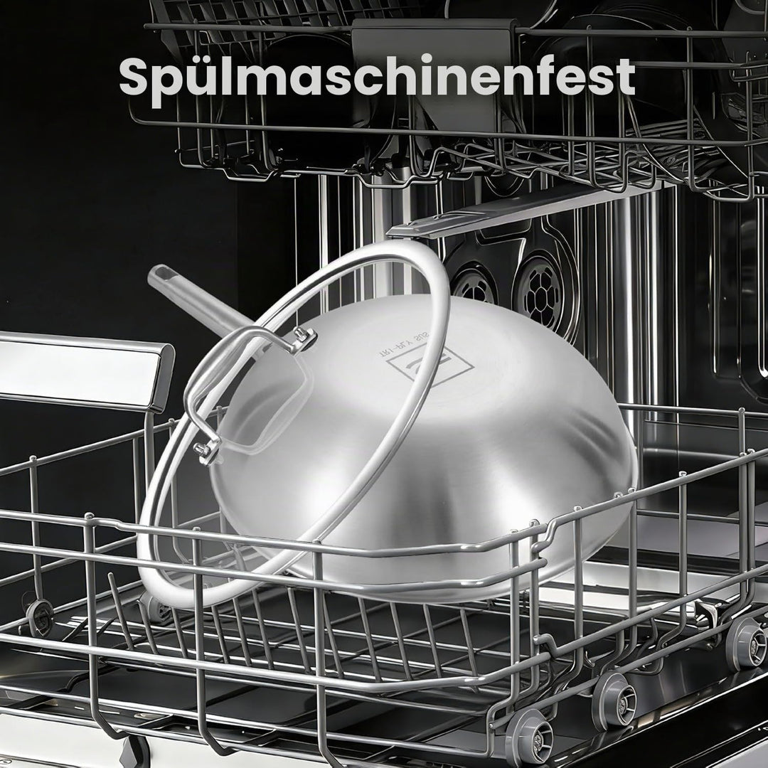 Inqibee Edelstahlpfanne 32cm Bratpfanne mit Deckel, Unbeschichtete Wok Pfanne für Induktion &amp; Gasher