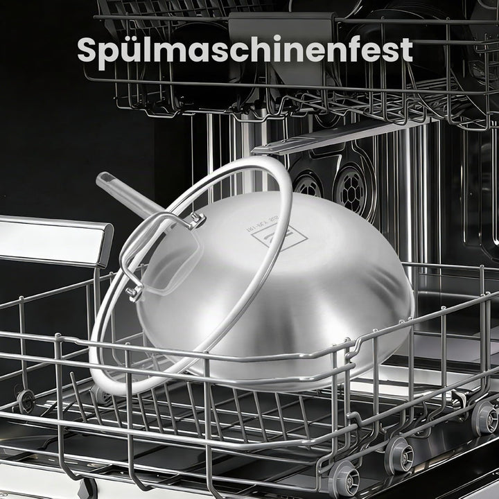 Inqibee Edelstahlpfanne 32cm Bratpfanne mit Deckel, Unbeschichtete Wok Pfanne für Induktion &amp; Gasher