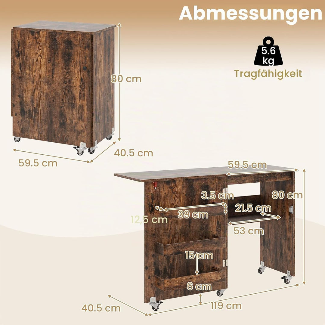 LIFEZEAL Nähmaschinenschrank klappbar, Nähschrank 2 in 1, Schreibtisch Holz mit Haken, Ablage &amp; Roll