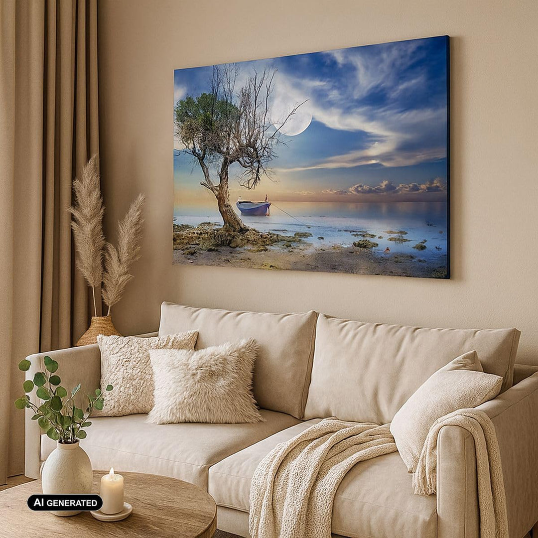 Bilder auf Leinwand 100x70cm Leinwandbild mit Rahmen Nacht Mond Boot Gross Wanddeko Bild Schlafzimme