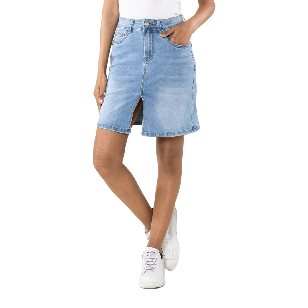 Nina Carter P213 Damen Kurzer Jeansrock mit Vorderem Schlitz Reissverschluss Stretch Used-Look Hellb