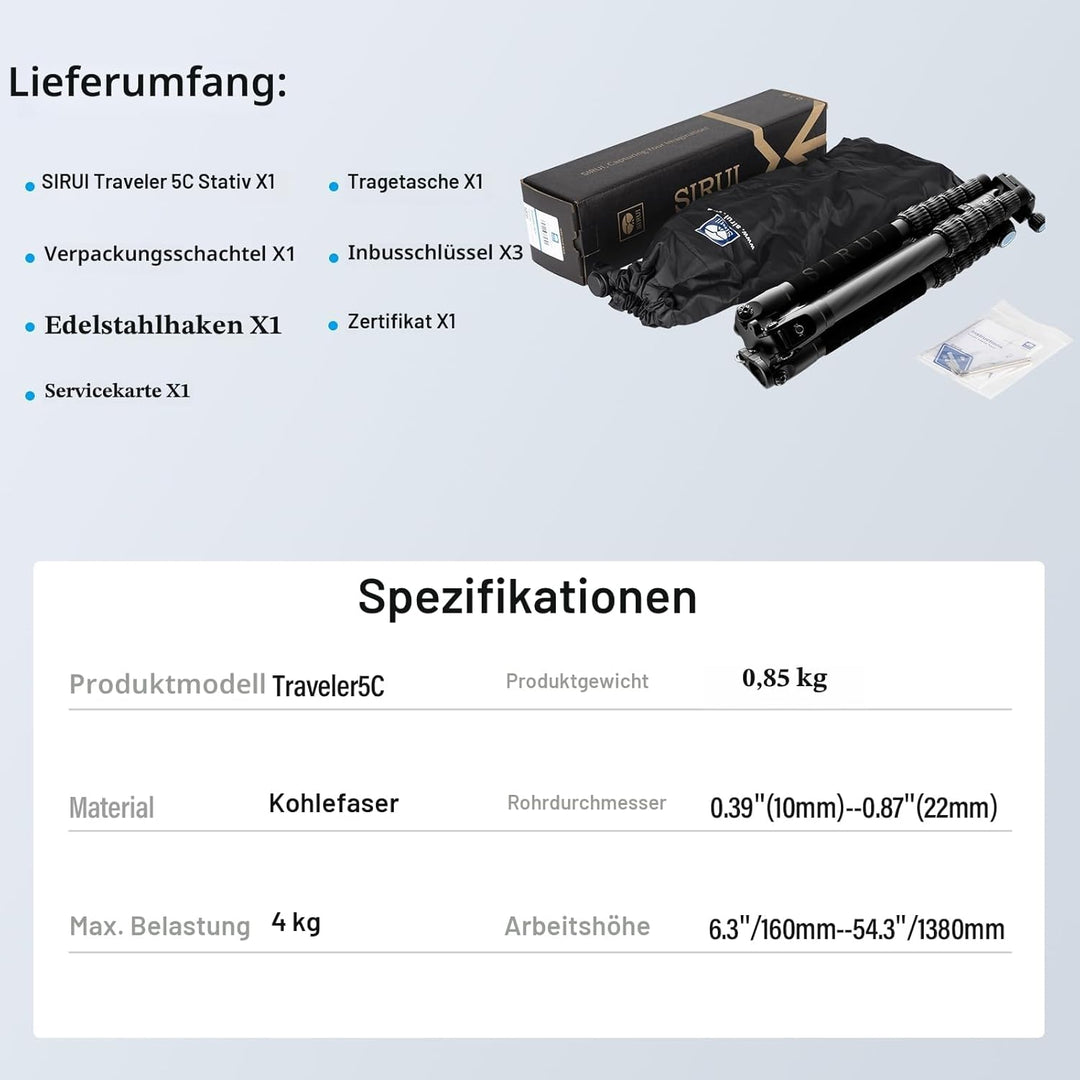 SIRUI Carbon Stativ Kamera Traveler 5C Kohlefaser Reisestativ 1380mm leichtes tragbares Karbonfaser