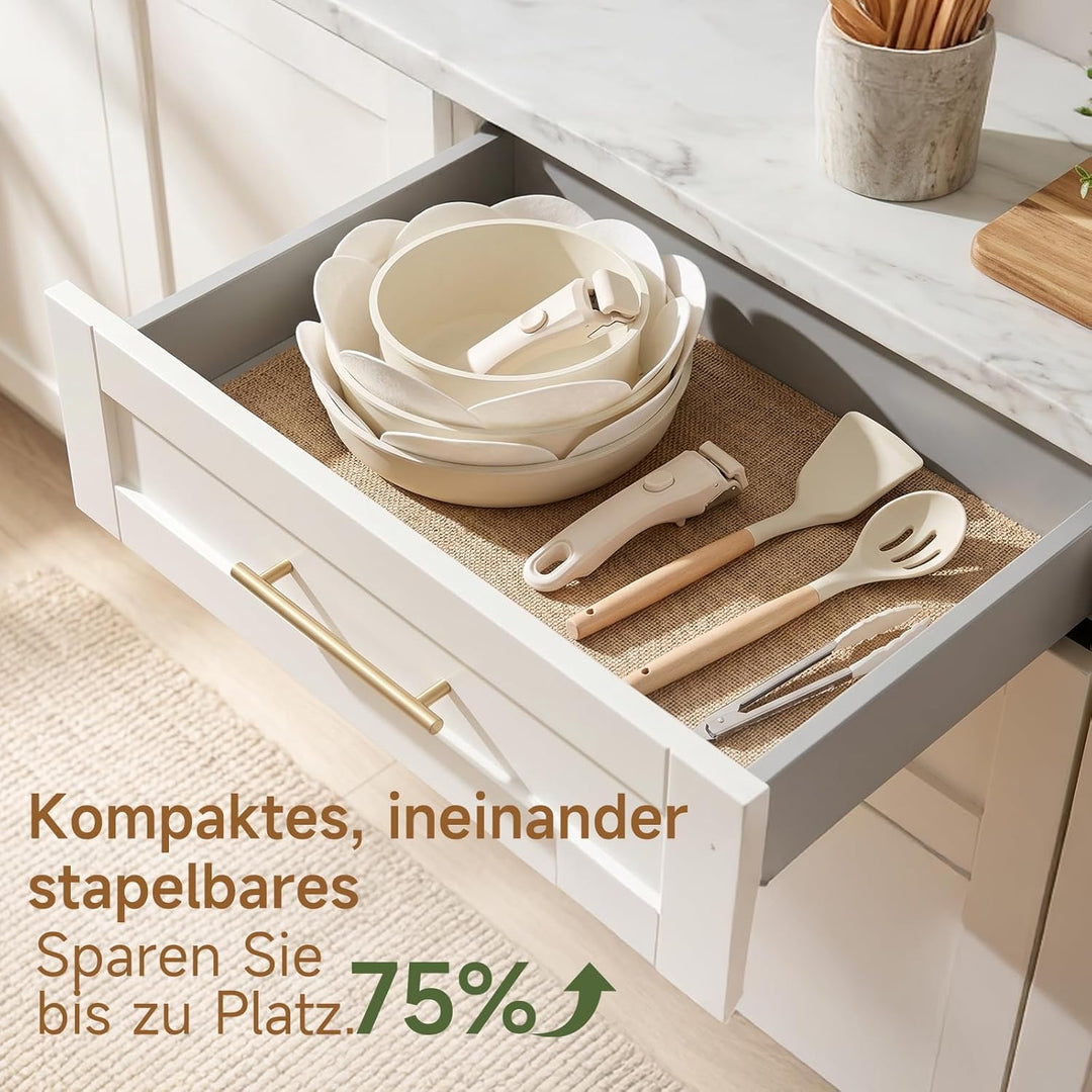 JEETEE Topfset Pfannenset mit abnehmbarem Griff 20-Teilig, Antihaft Topfset Induktion mit Lid, Stape