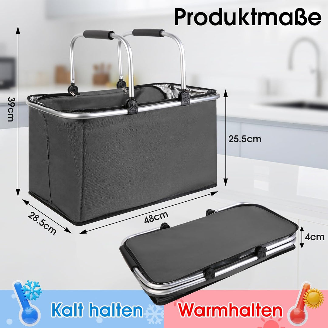 kühlkorb einkaufskorb 47L,Mit Reissverschluss isolierter, Faltbarer Picknickkorb,Klapprahmen aus Alu