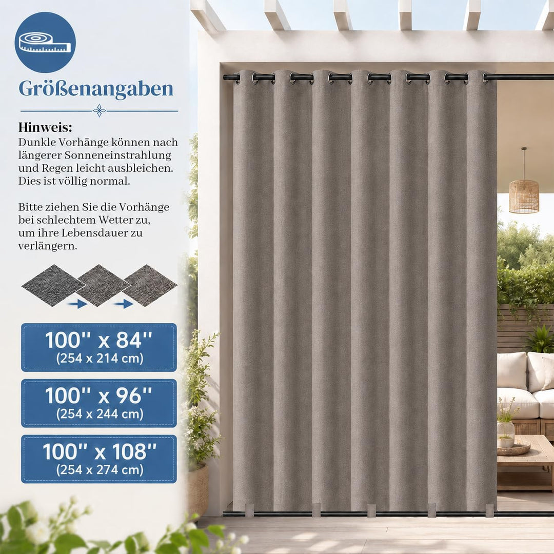 Rosnek Outdoor Vorhang Wetterfest Extra Breit B254 x H274 cm, 100% Blickdicht Winddicht mit Ösen Obe