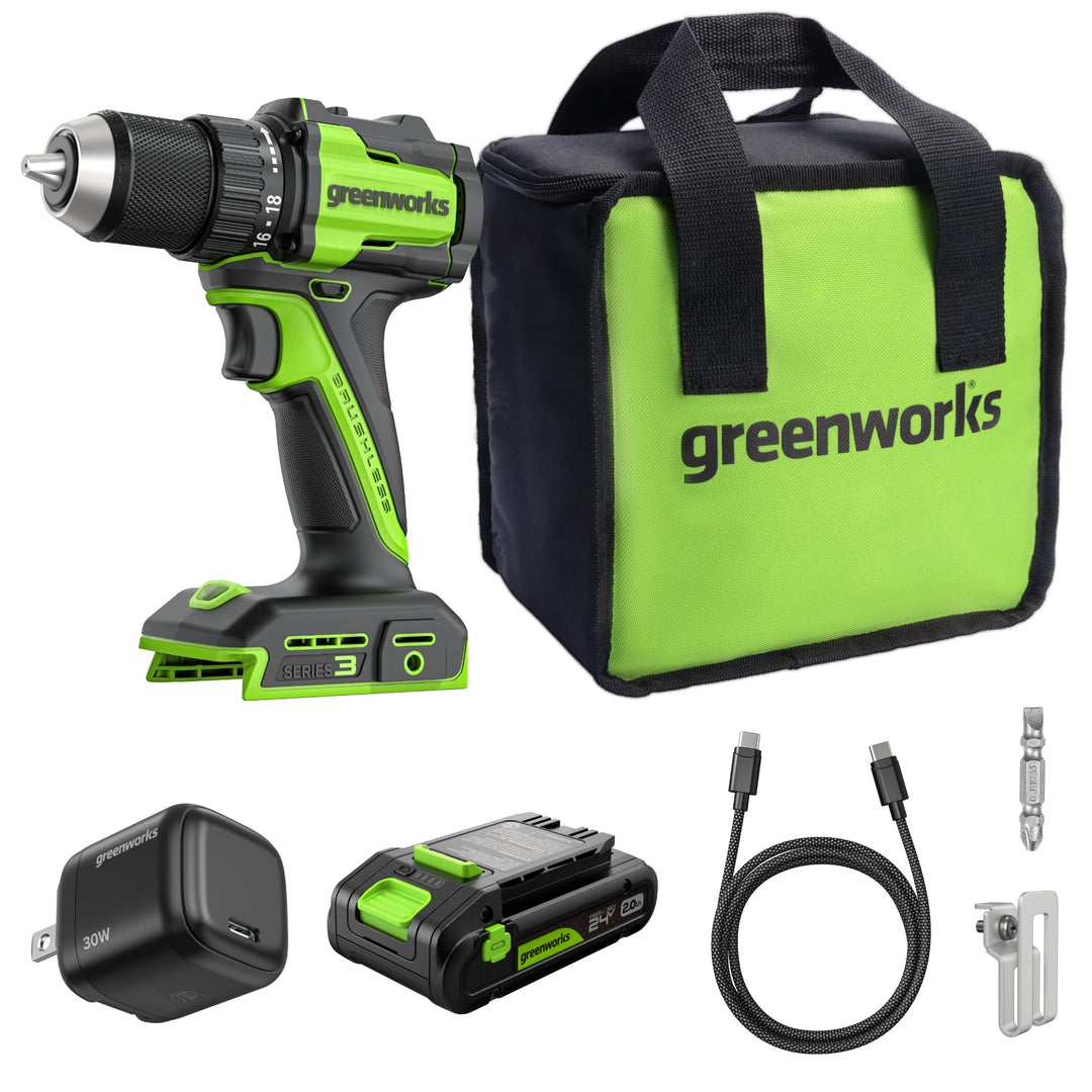 Greenworks 24V Akku-Bohrschrauber Bürstenlos 45 Nm, Leichtgewicht, LED-Licht, 18+1 Drehmomentstufen,