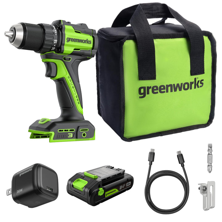 Greenworks 24V Akku-Bohrschrauber Bürstenlos 45 Nm, Leichtgewicht, LED-Licht, 18+1 Drehmomentstufen,