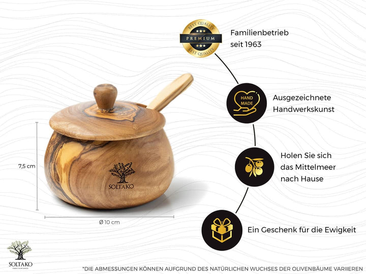 SOLTAKO edle Zuckerdose - Salzdose mit Deckel aus exklusivem Olivenholz – Aufbewahrungsdose - Vorrat