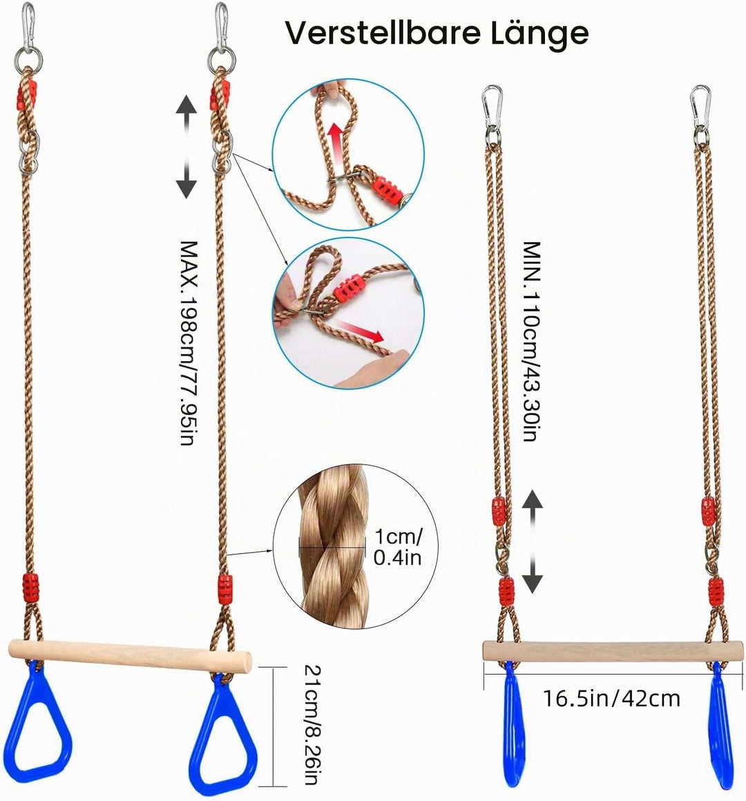 PELLOR Multifunktions Kinderholz Trapeze Schaukel mit Kunststoff Turnringe zum Aufhängen belastbar b
