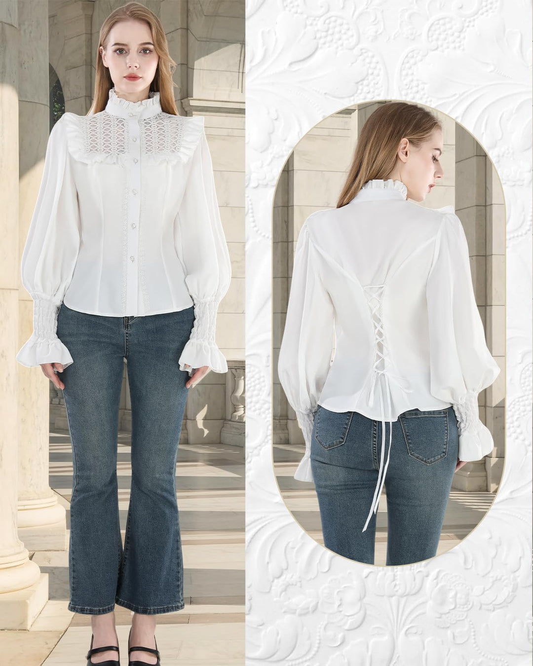 CR ROLECOS Viktorianische Bluse Damen Stehkragen Damen Mittelalter Rüschenbluse Vintage Bluse Weiss