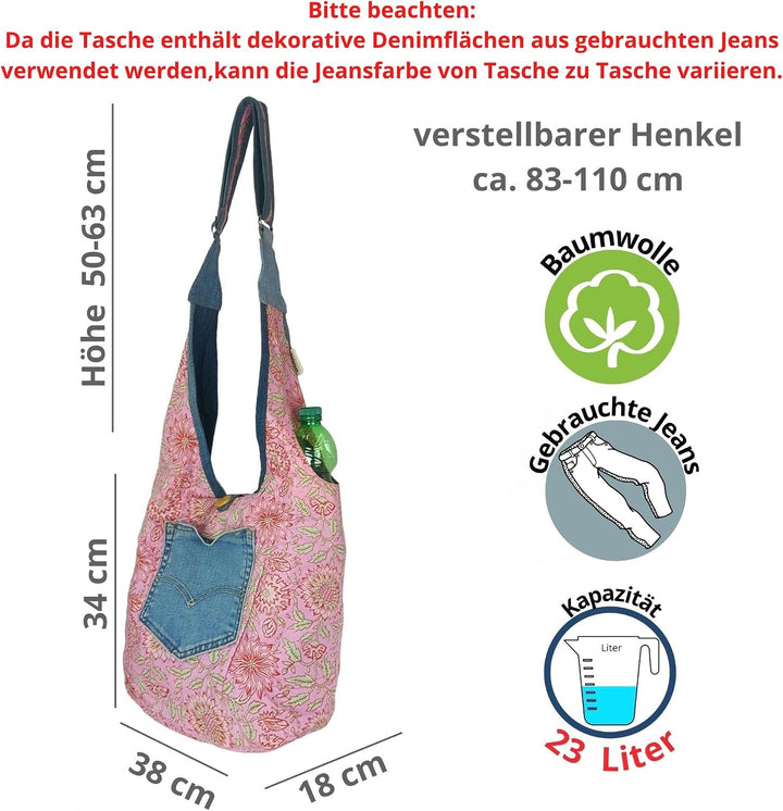 Sunsa Damen nachhaltige Hobo Tasche. Umhängetasche aus recycelte Jeans &amp; Baumwolle. Boho Blumig Cros