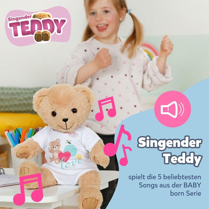 BABY born Singender Teddy, Plüschbär mit Soundfunktion, weissem Strampler und beweglichen Armen und