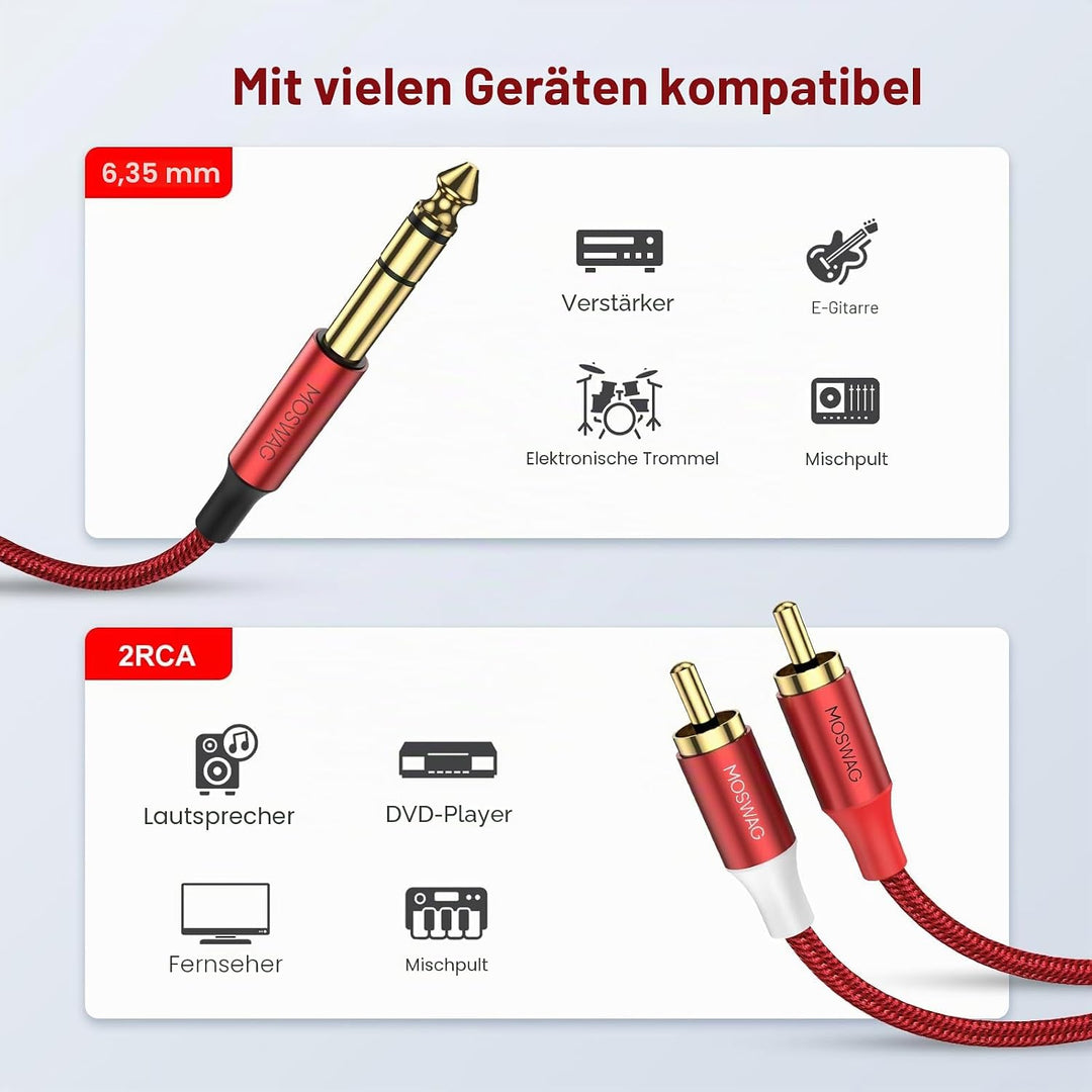 MOSWAG 6,3 mm Klinke auf Cinch Kabel, Cinch-Audiokabel 10M, Klinkenkabel, Klinkenstecker auf 2 x Cin