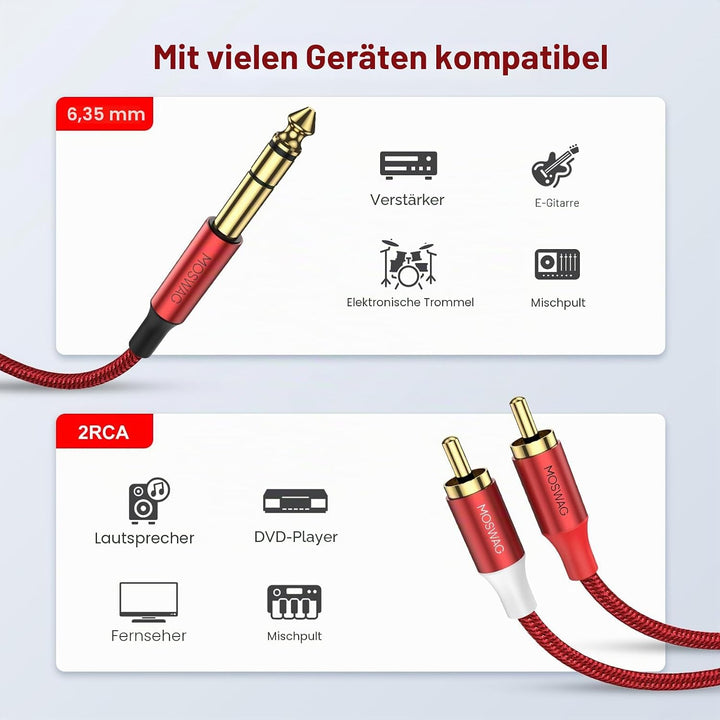 MOSWAG 6.3mm Stereo Klinke auf Cinch Kabel 5M Vitalco 2x Male Cinch Stecker zu Stereo Grosse Klinke