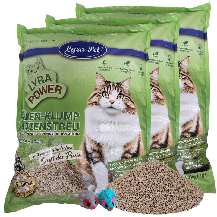 Lyra Pet® | 3 x 10 Liter Lyra Power Pinien Klump Katzenstreu + 2 Mäuse | Natürliche, biologisch abba