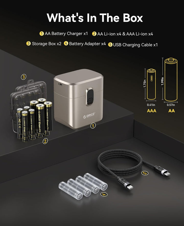 ORICO Wiederaufladbare Lithium Akkus 4xAA und 4xAAA 1,5V mit Ladegerät | 8 Stück Li-Ion Akkus, 3h Sc