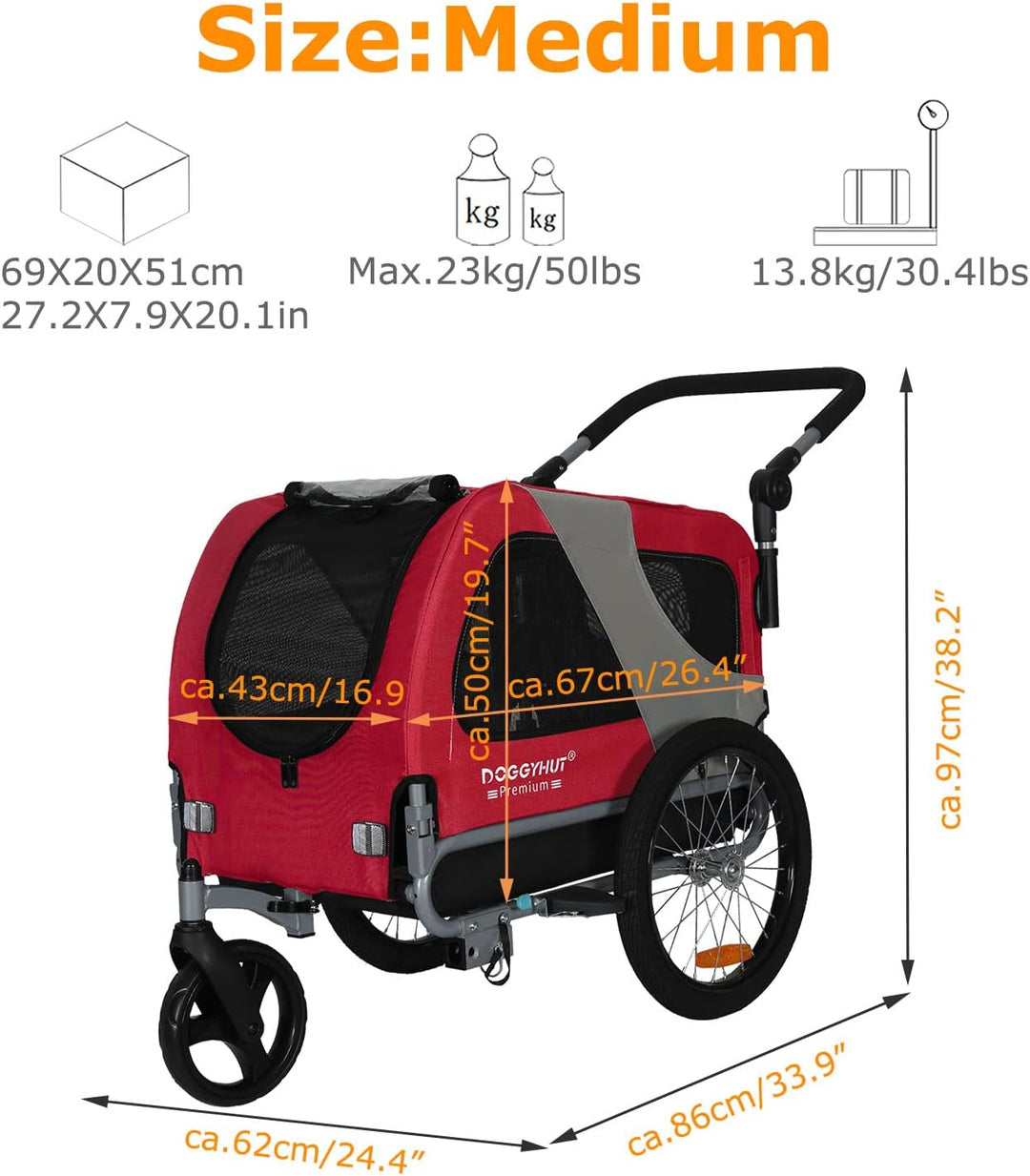 DOGGYHUT® Premium MEDIUM Hundefahrradanhänger & Jogger 2in1 Fahrradanhänger 80104 (Rot)