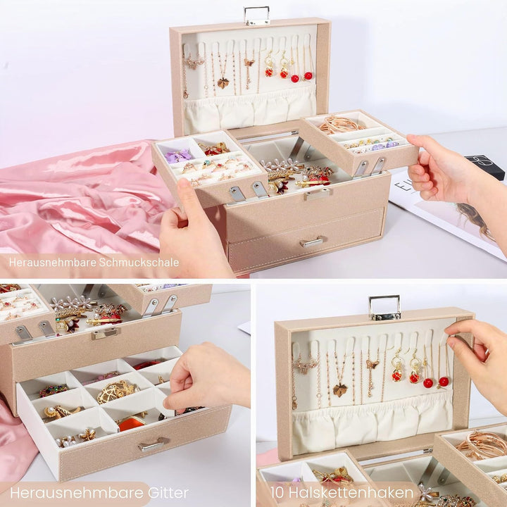 Schmuckkasten, Schmuckkästchen mit Schubladen für Damen Mädchen, PU-Leder Jewelry Box Schmuckbox Sch