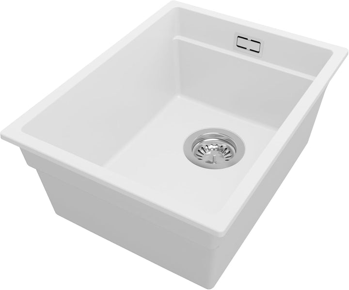 PRIMAGRAN Spülbecken Weiss 36x47cm, Granitspüle 1 Becken + Ablauf-Set, Küchenspüle ab 40er Unterschr