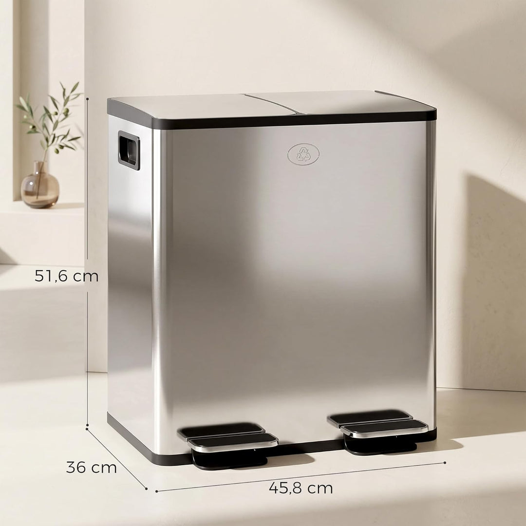 HOMCOM Mülleimer 2 x 20L Abfalleimer aus Edelstahl Mülltrennsystem mit Softclose Deckel, Herausnehmb
