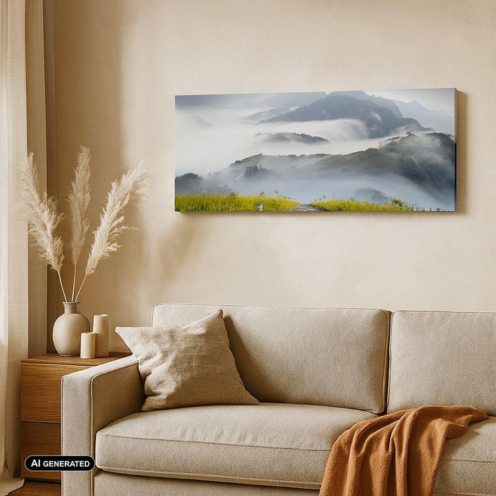 Wandbilder Dekoration Wohnzimmer Berg Nebel Landschaft Morgen Panorama Bilder auf Leinwand 120x50cm